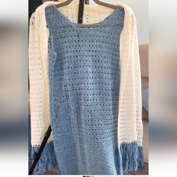 Handmade Blue Crochet Dress & Ivory Scarf Set Fringe Boho Beach Outfit - Picture 10 of 12